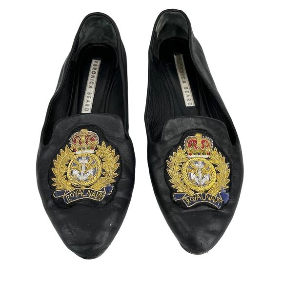 Veronica Beard Black Flats 36.5 Royal Navy Gold Patch - Picture 9 of 10